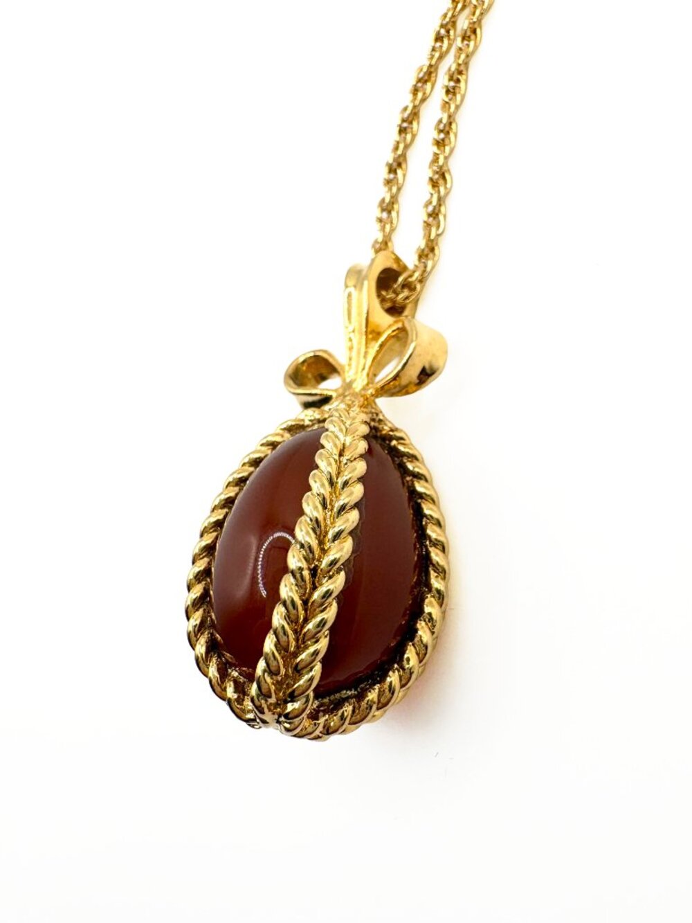 Vintage Joan Rivers Faberge Style Egg Necklace Amber Brown Gold Tone - Picture 6 of 9
